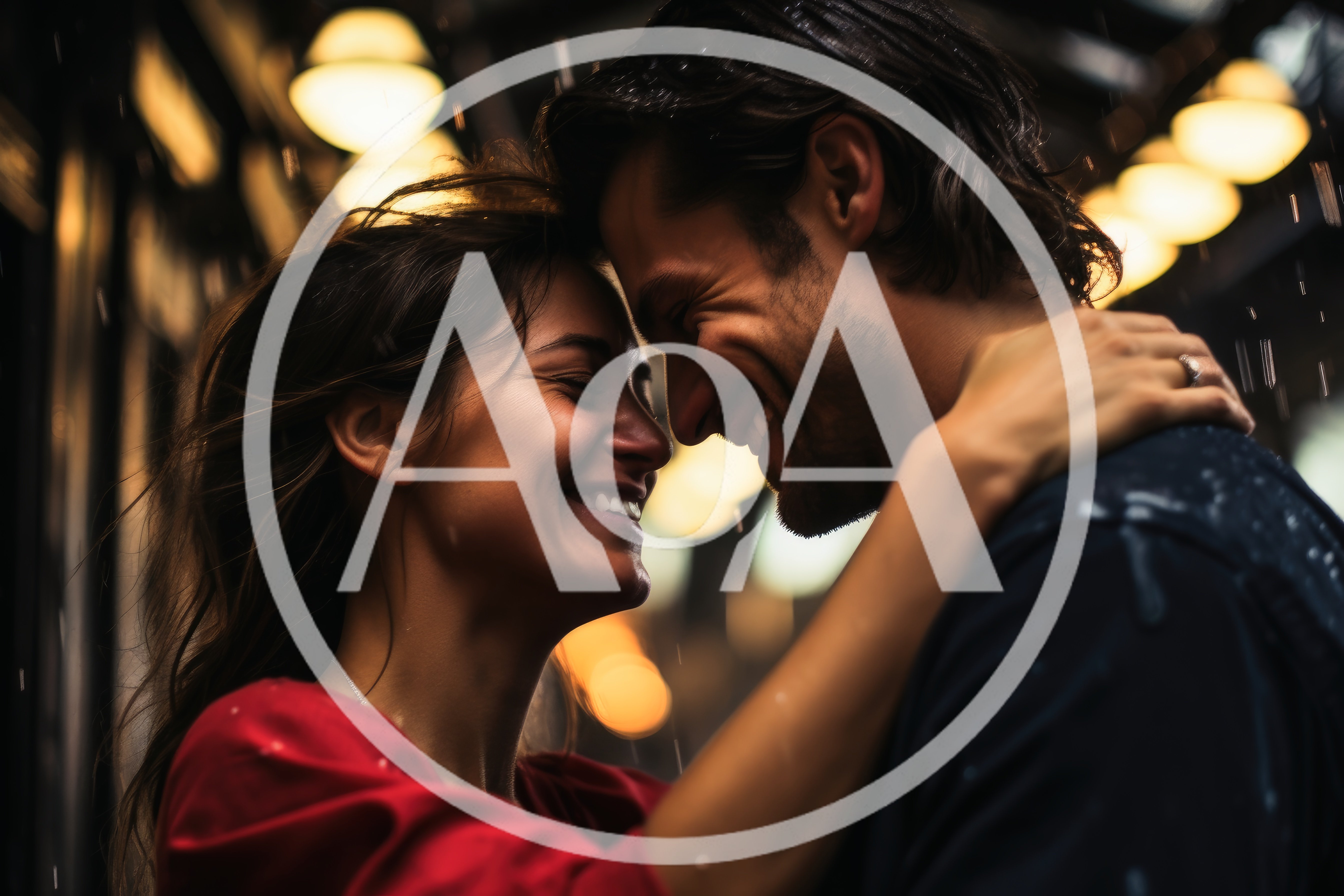 Happy Couple Embracing Under Rain at Night