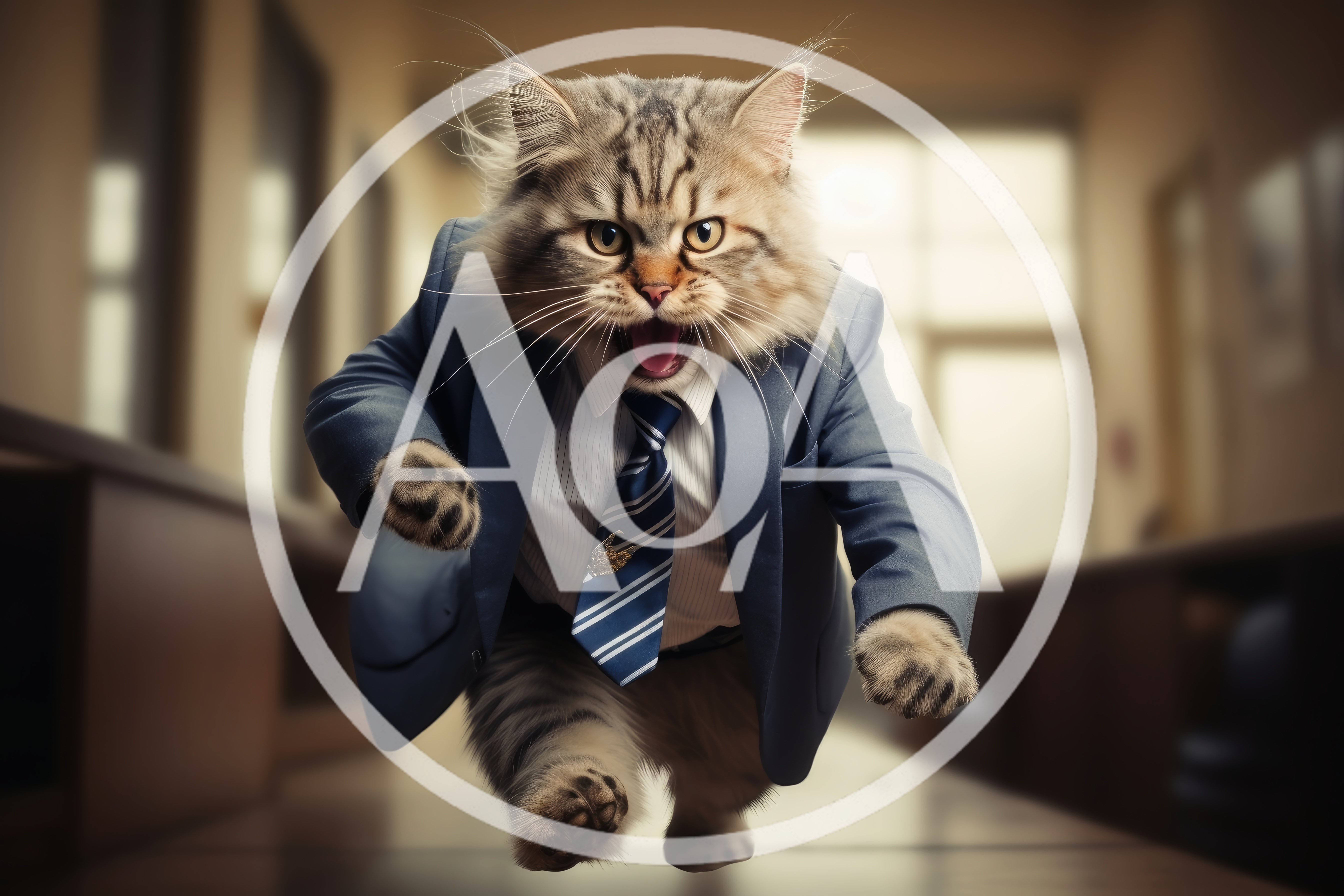 Business Cat Running Through Office Hallway
