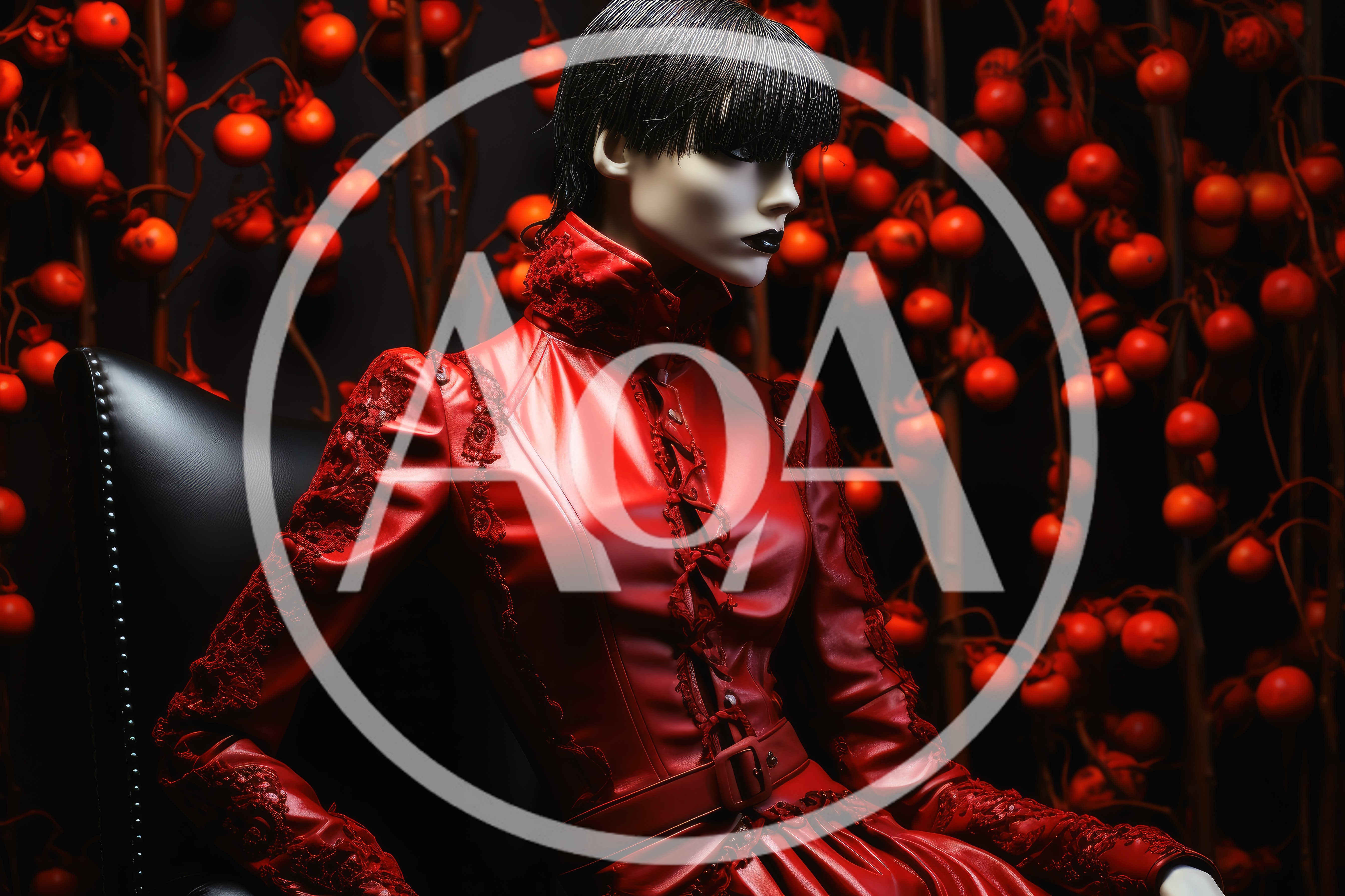 Mannequin Wearing Red Leather Dress Against Berry Background