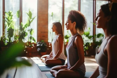 Three Women Practicing Yoga Meditation In A Sunny Studio