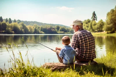 Grandfather and Grandson Fishing Together at a Lake