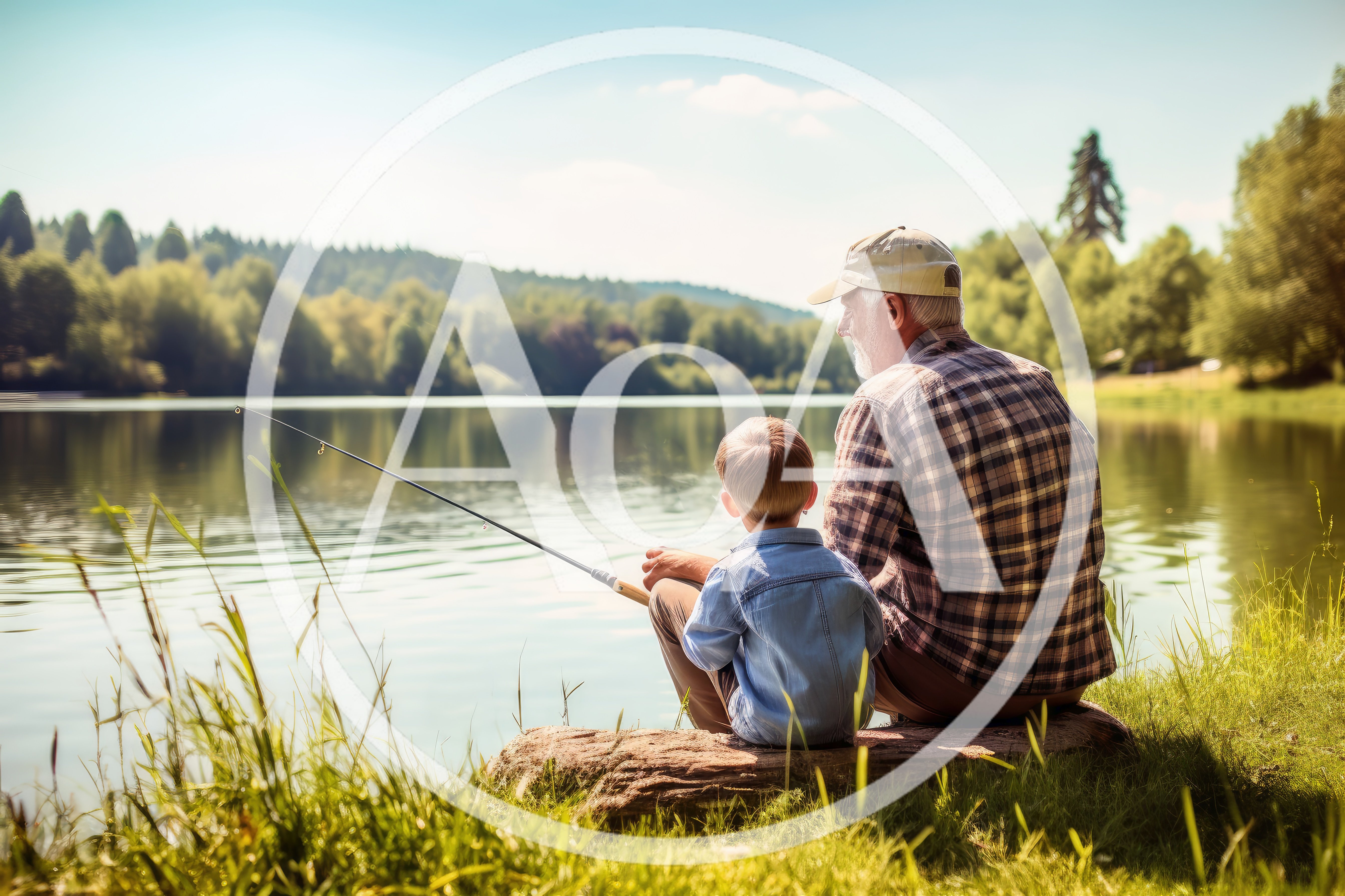Grandfather and Grandson Fishing Together at a Lake