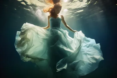 Woman In Flowing Gown Swimming Underwater