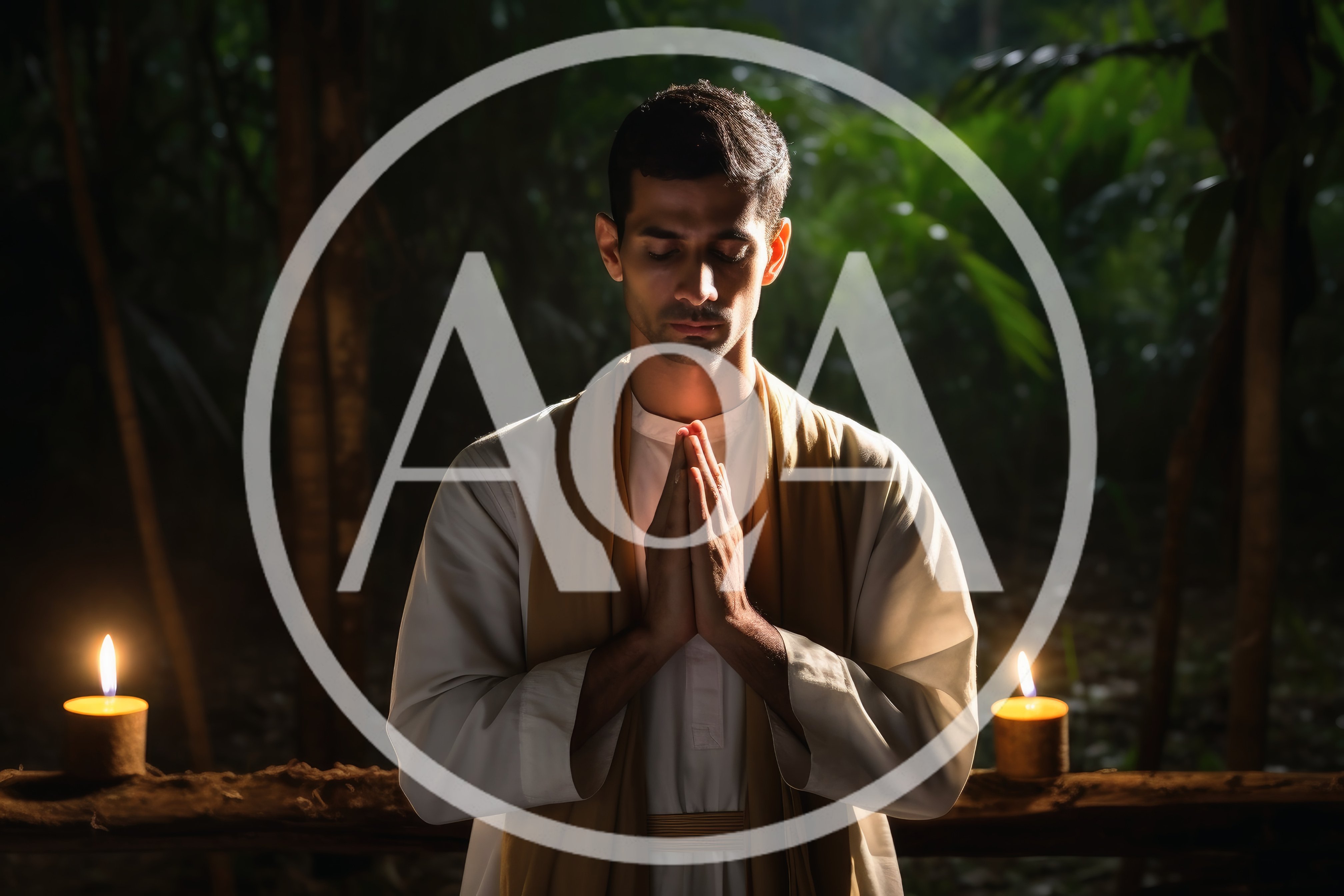 Man Praying With Candles In A Dark Forest