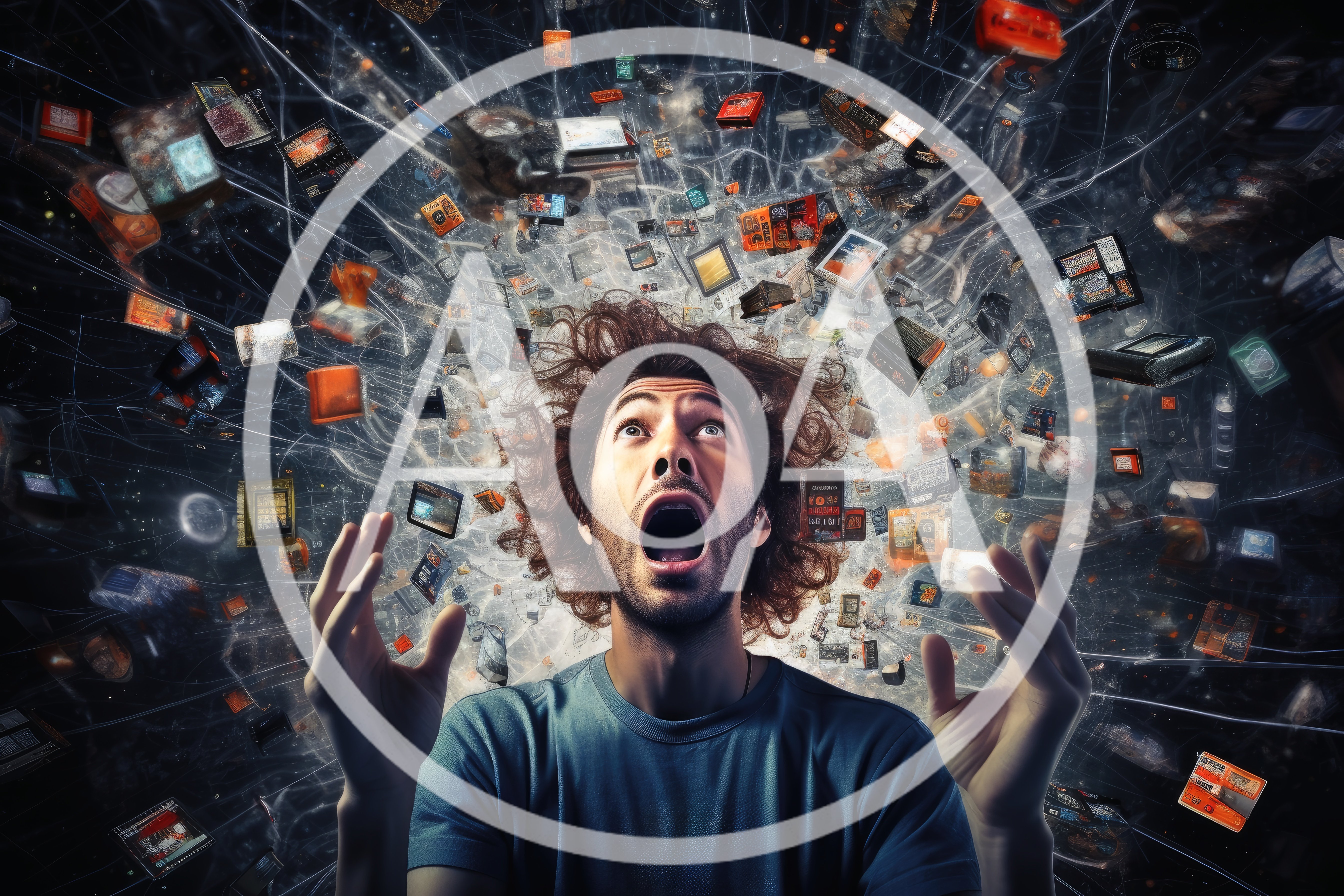 Man With Shocked Expression Surrounded By Floating Digital Objects