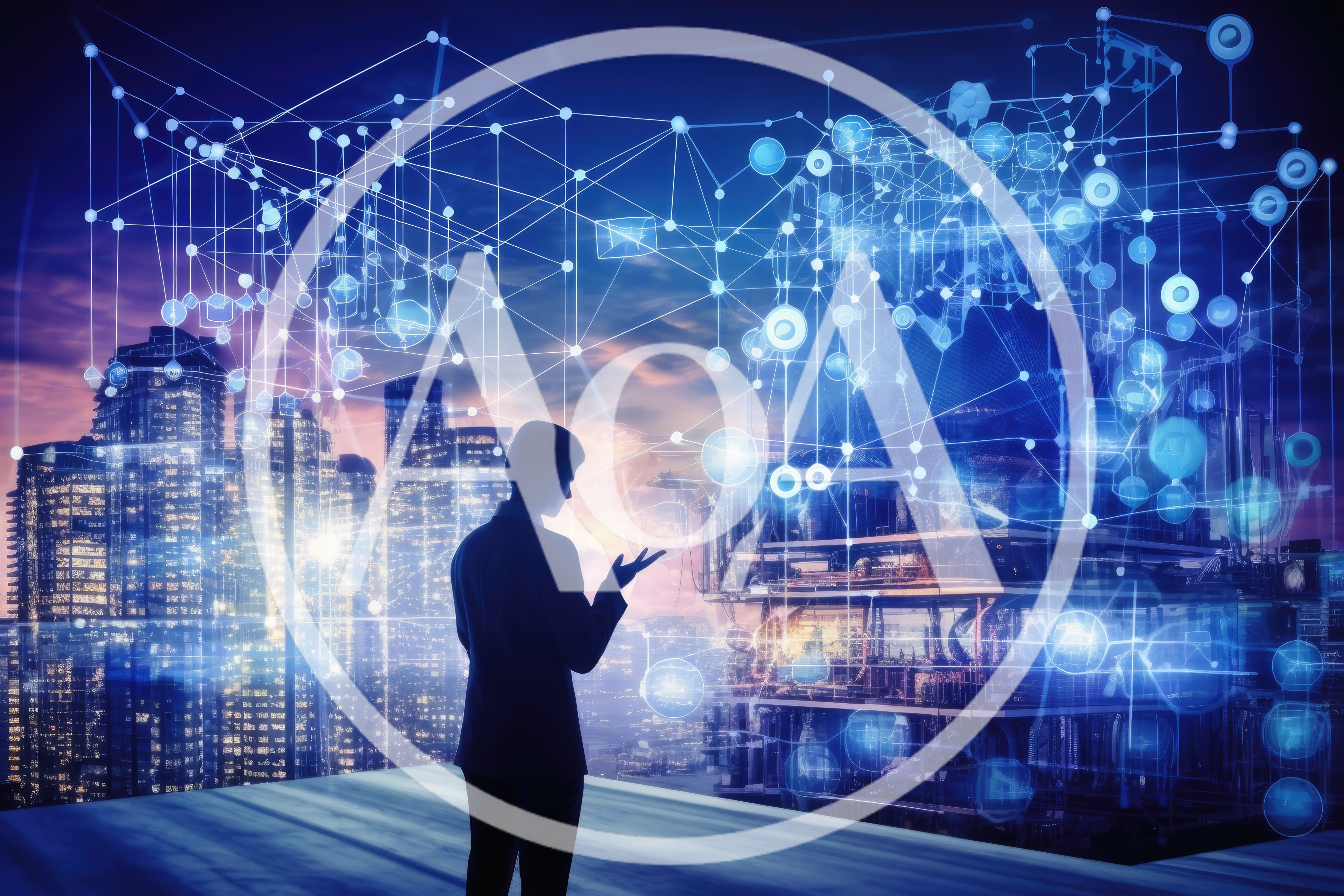 Business Professional Interacting With Digital Network Visualization