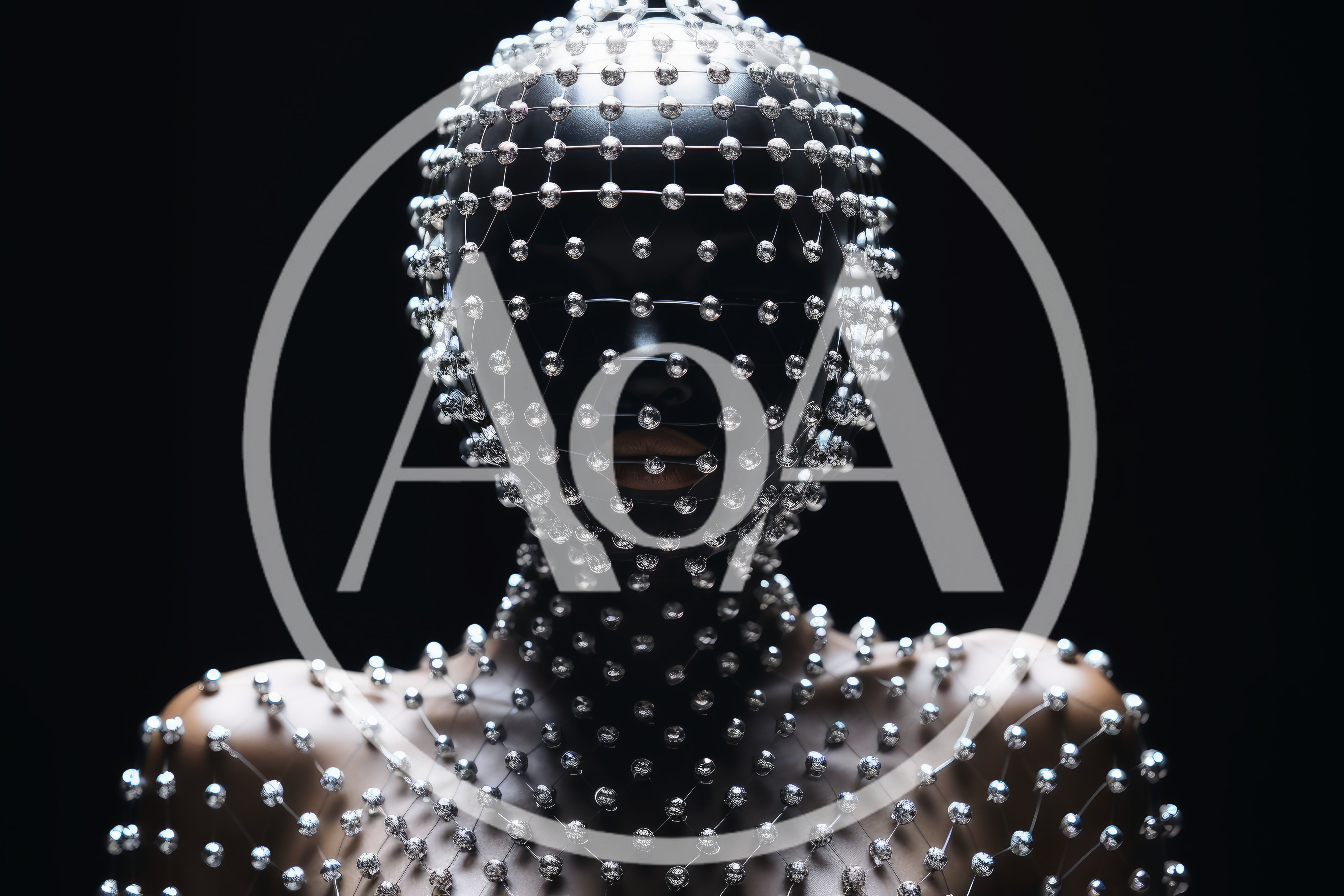 Person Wearing Futuristic Silver Beaded Face Mask