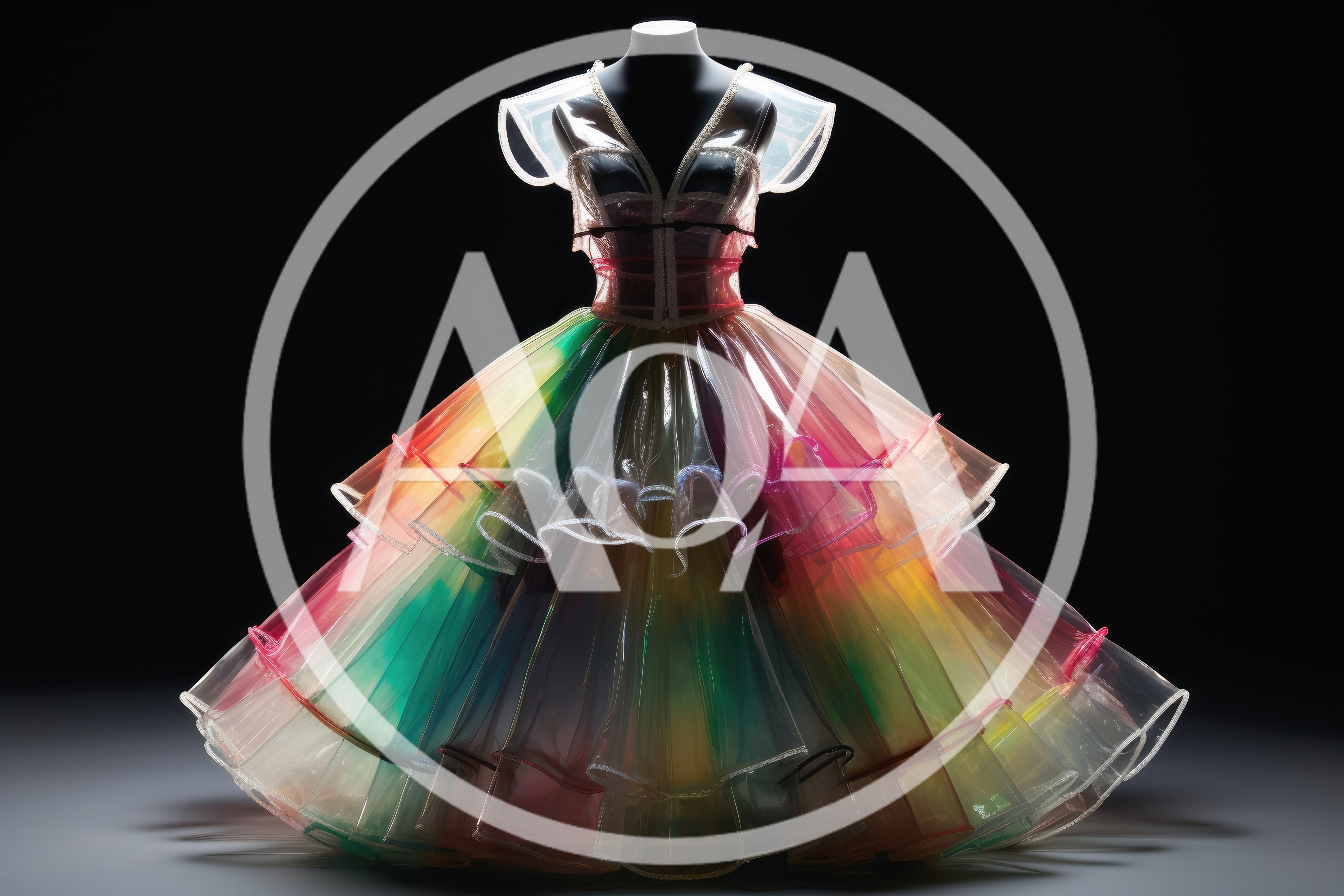 Rainbow Translucent Tiered Ball Gown on Mannequin