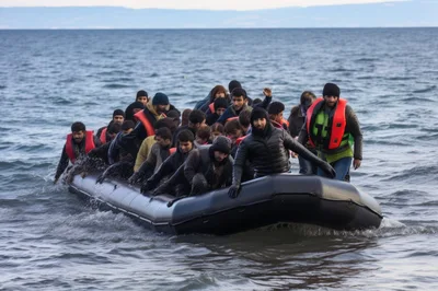 Refugees Arriving On Inflatable Boat At Shoreline