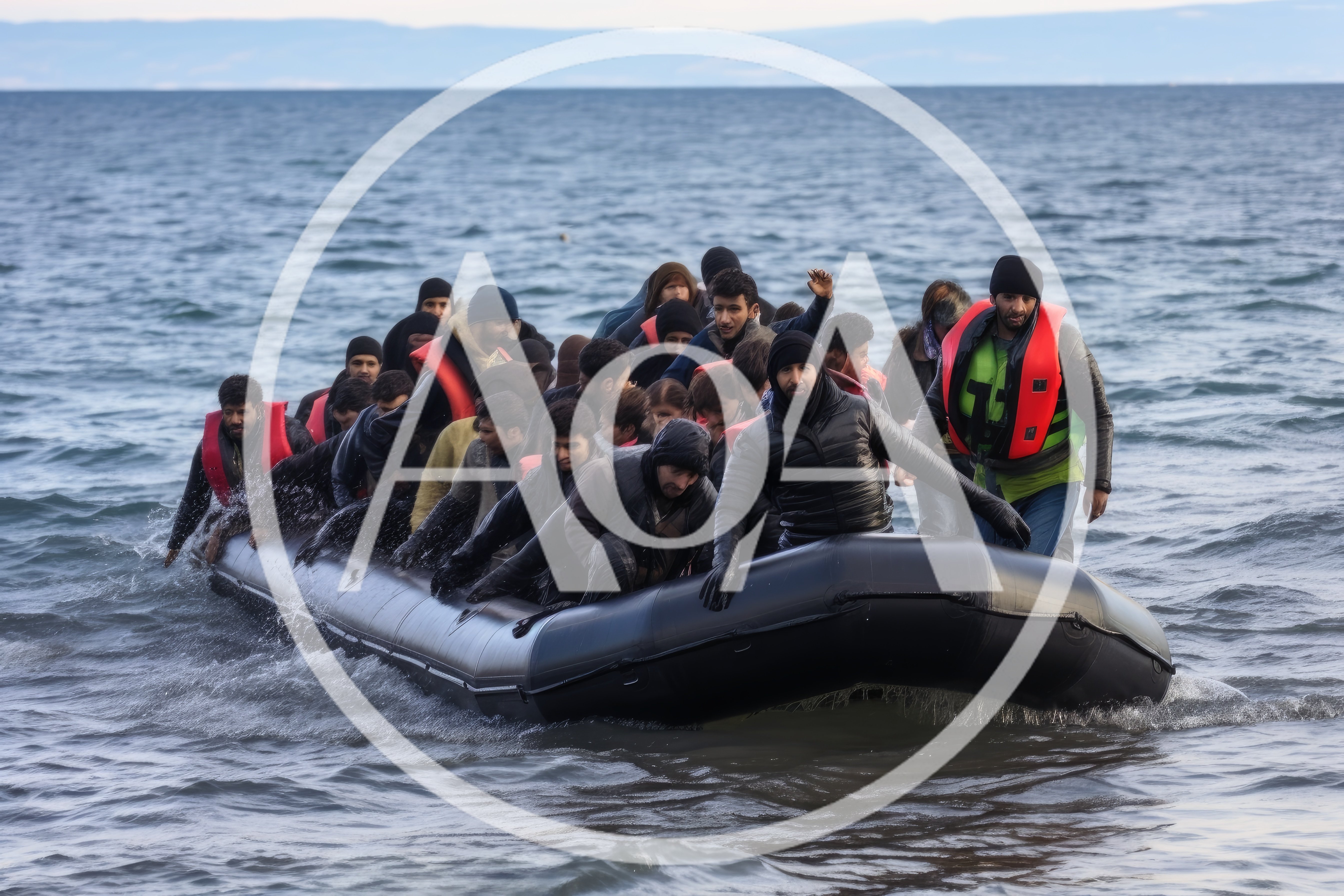 Refugees Arriving On Inflatable Boat At Shoreline