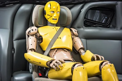 Yellow Crash Test Dummy Sitting In Car Seat