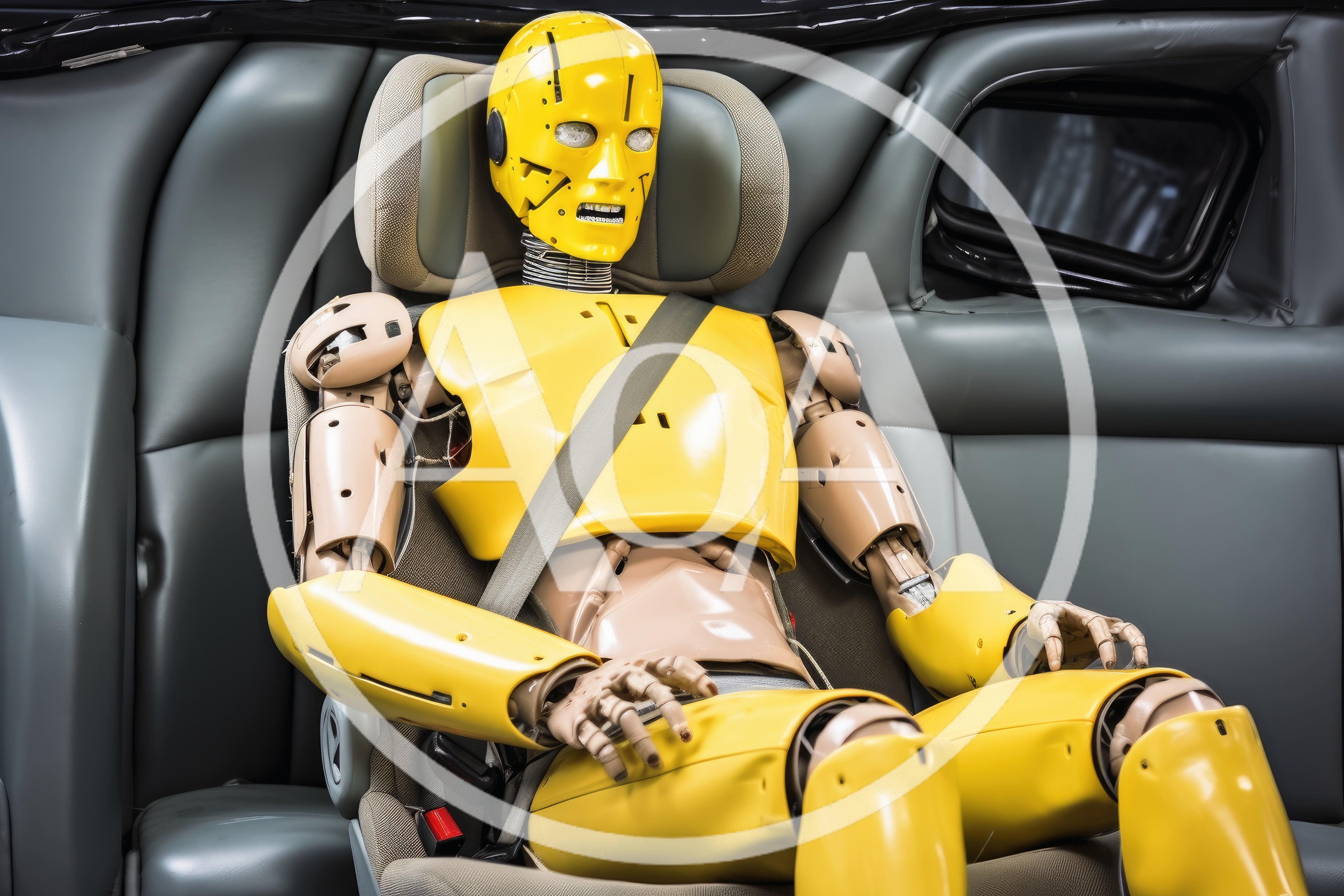 Yellow Crash Test Dummy Sitting In Car Seat