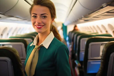 Friendly Flight Attendant Standing In Airplane Cabin
