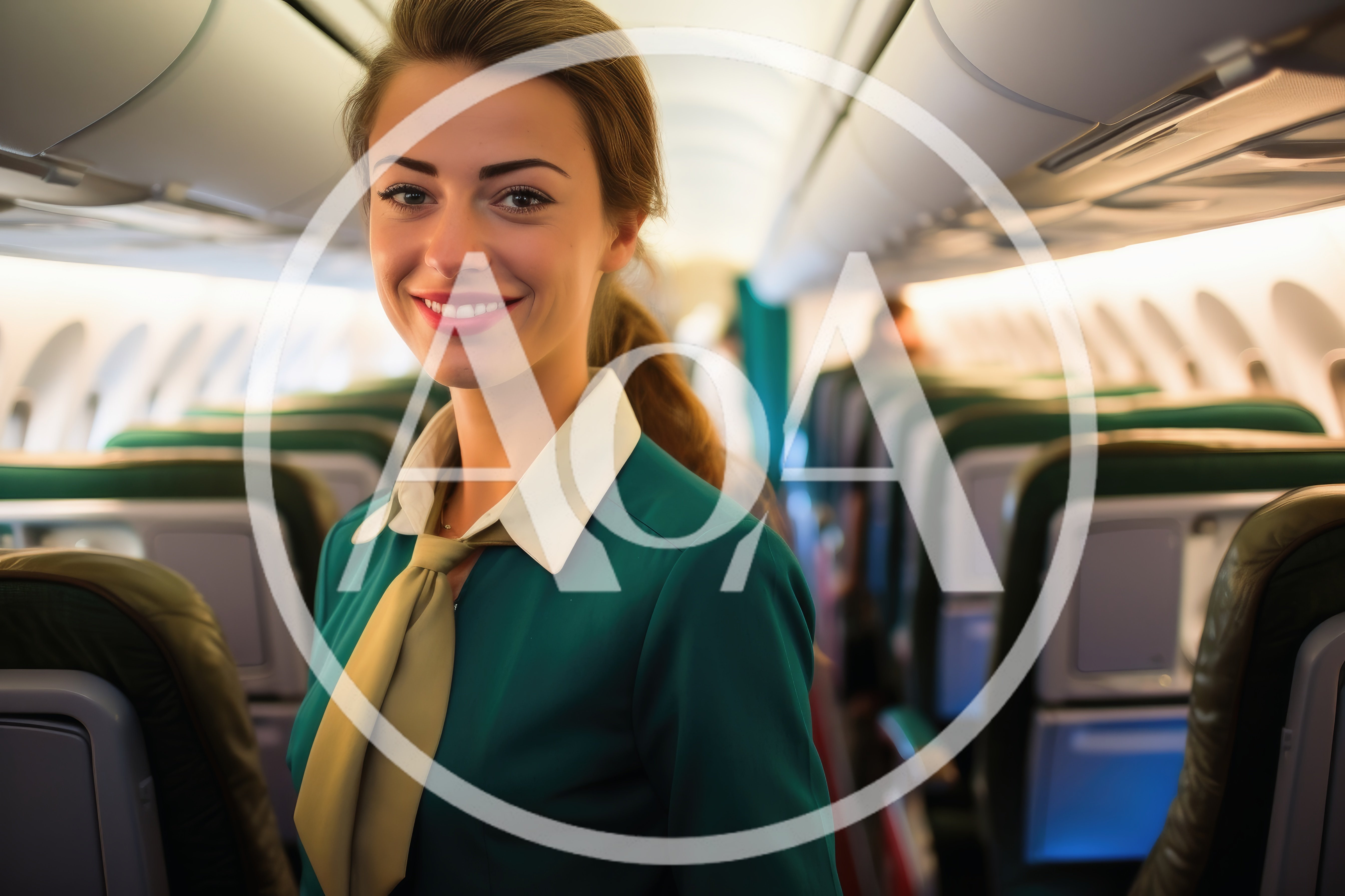 Friendly Flight Attendant Standing In Airplane Cabin