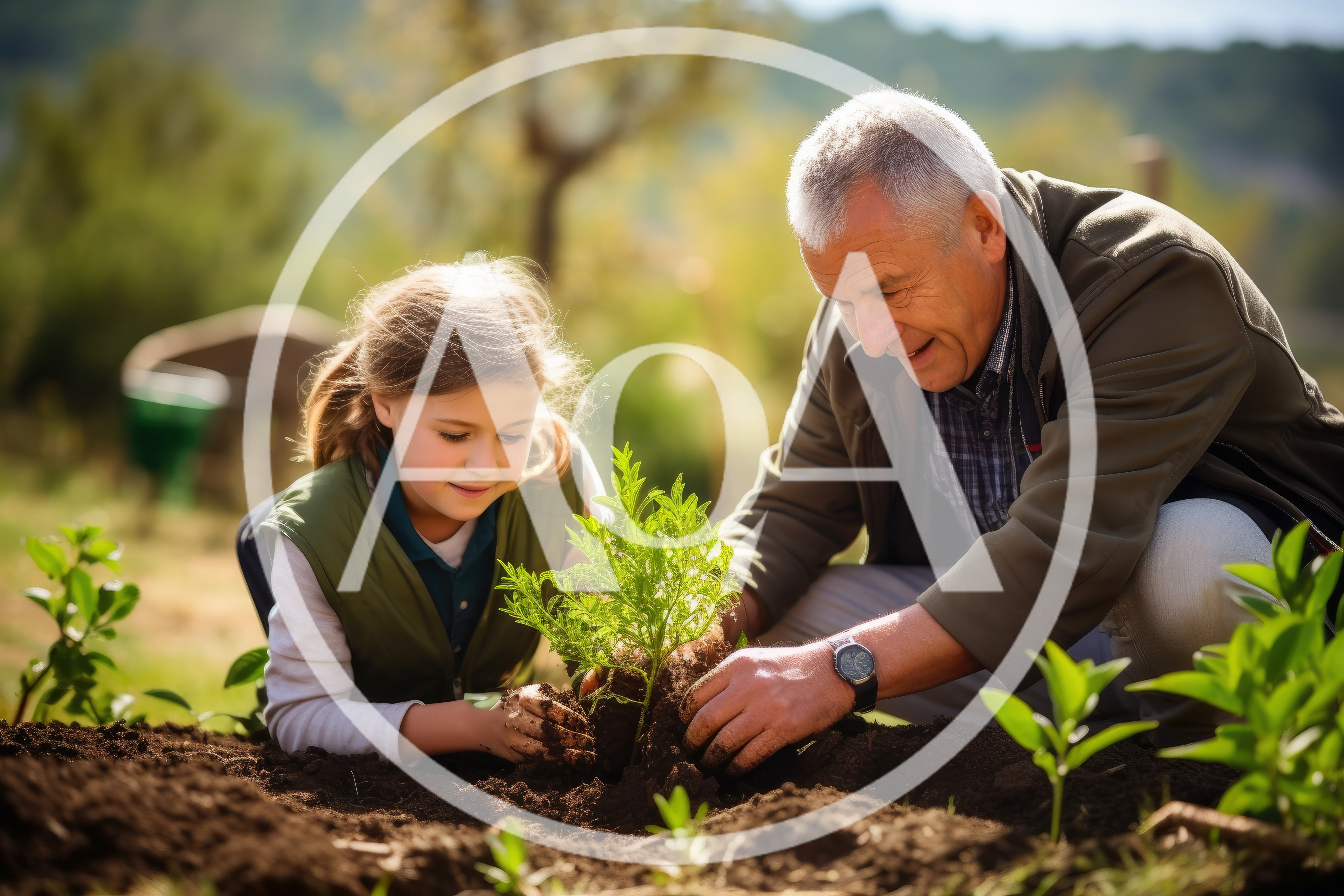 Grandfather and Granddaughter Planting a Young Tree Together