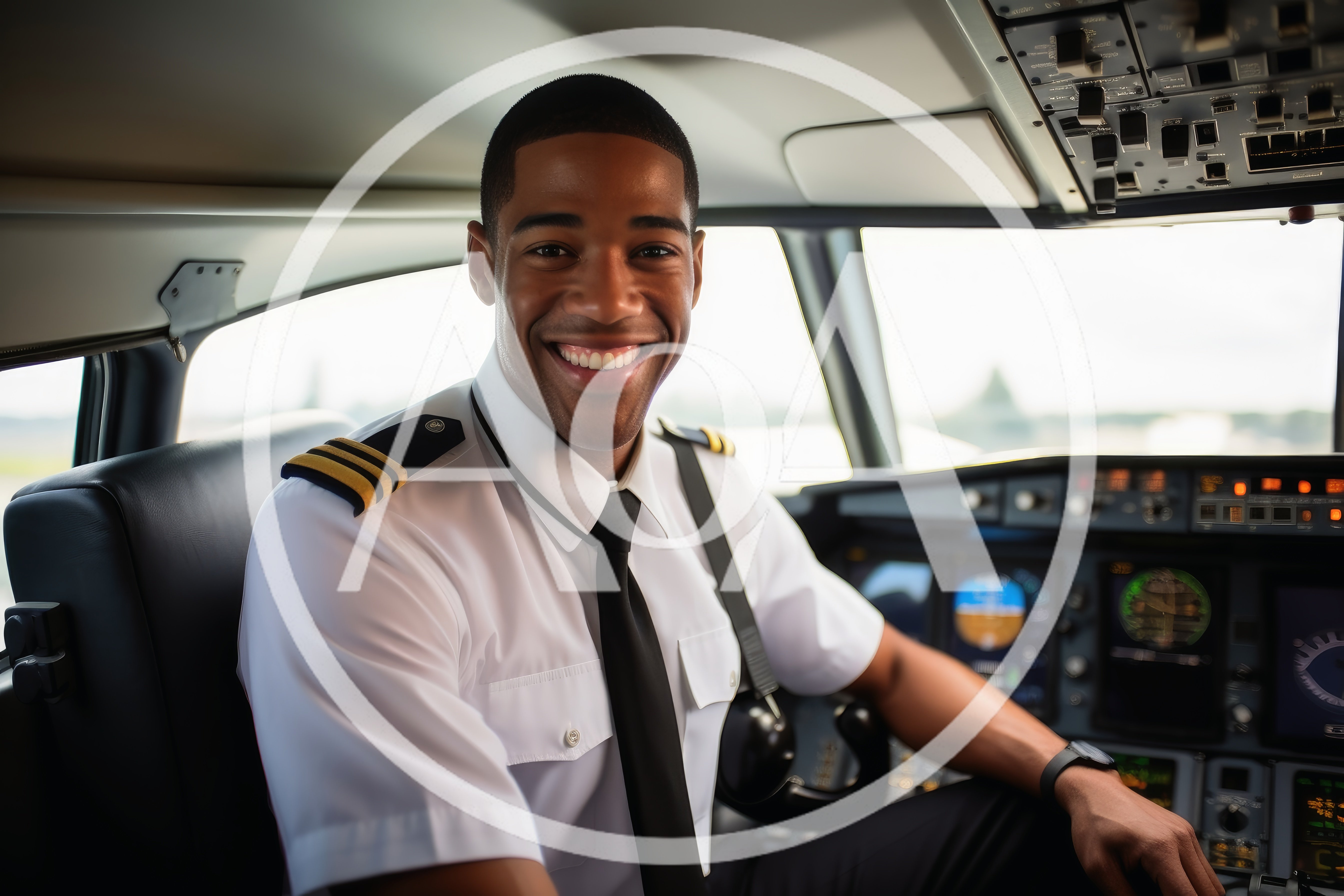 Smiling Airline Pilot Sitting In Airplane Cockpit