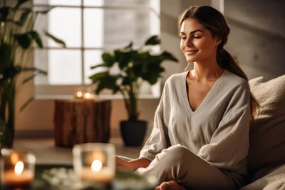 Woman Practicing Meditation In A Serene Living Room