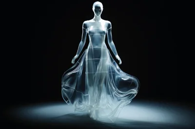 Translucent Holographic Female Mannequin In Flowing Glass Dress