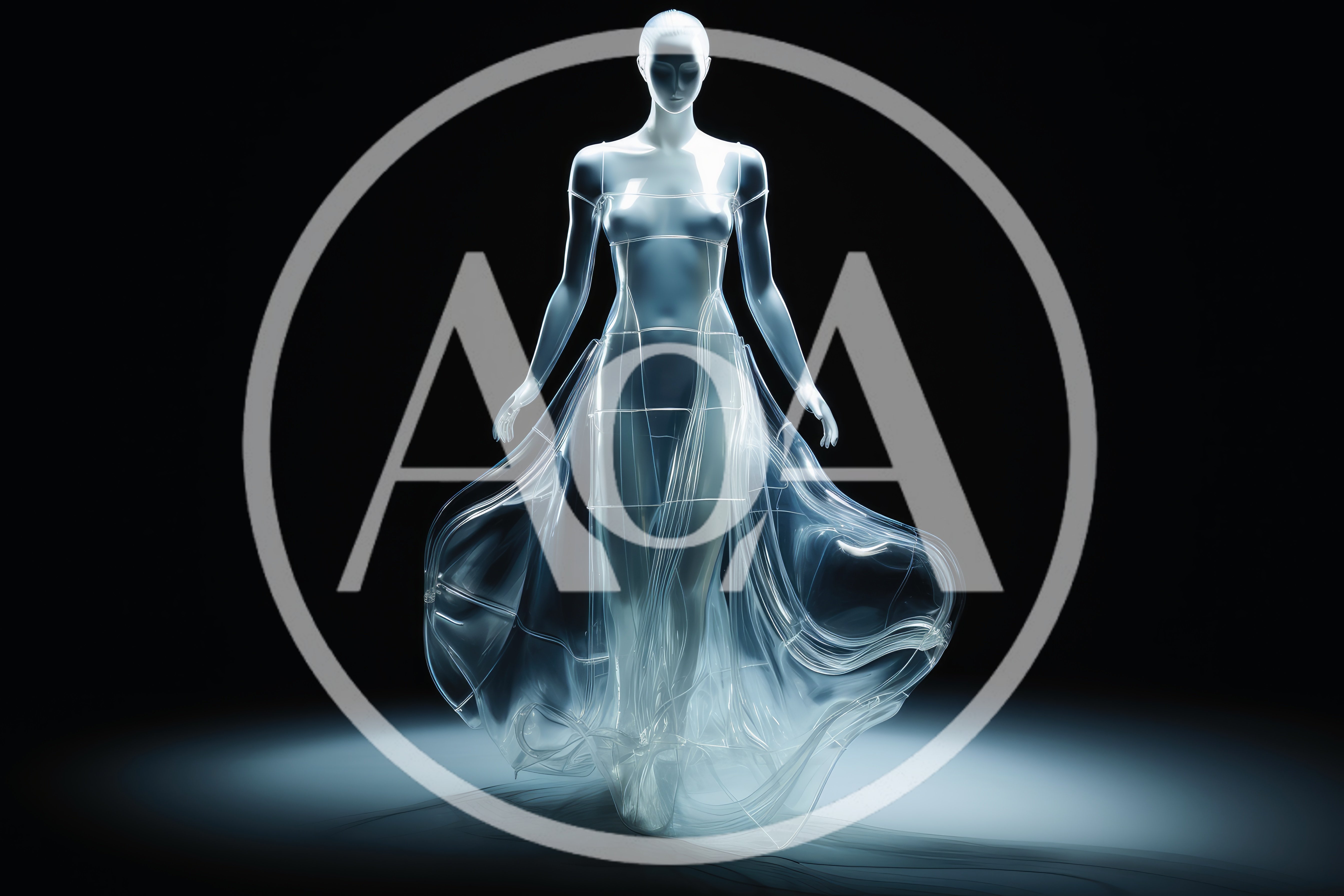 Translucent Holographic Female Mannequin In Flowing Glass Dress