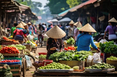 Vietnamese Women Selling Fresh Produce At Outdoor Market