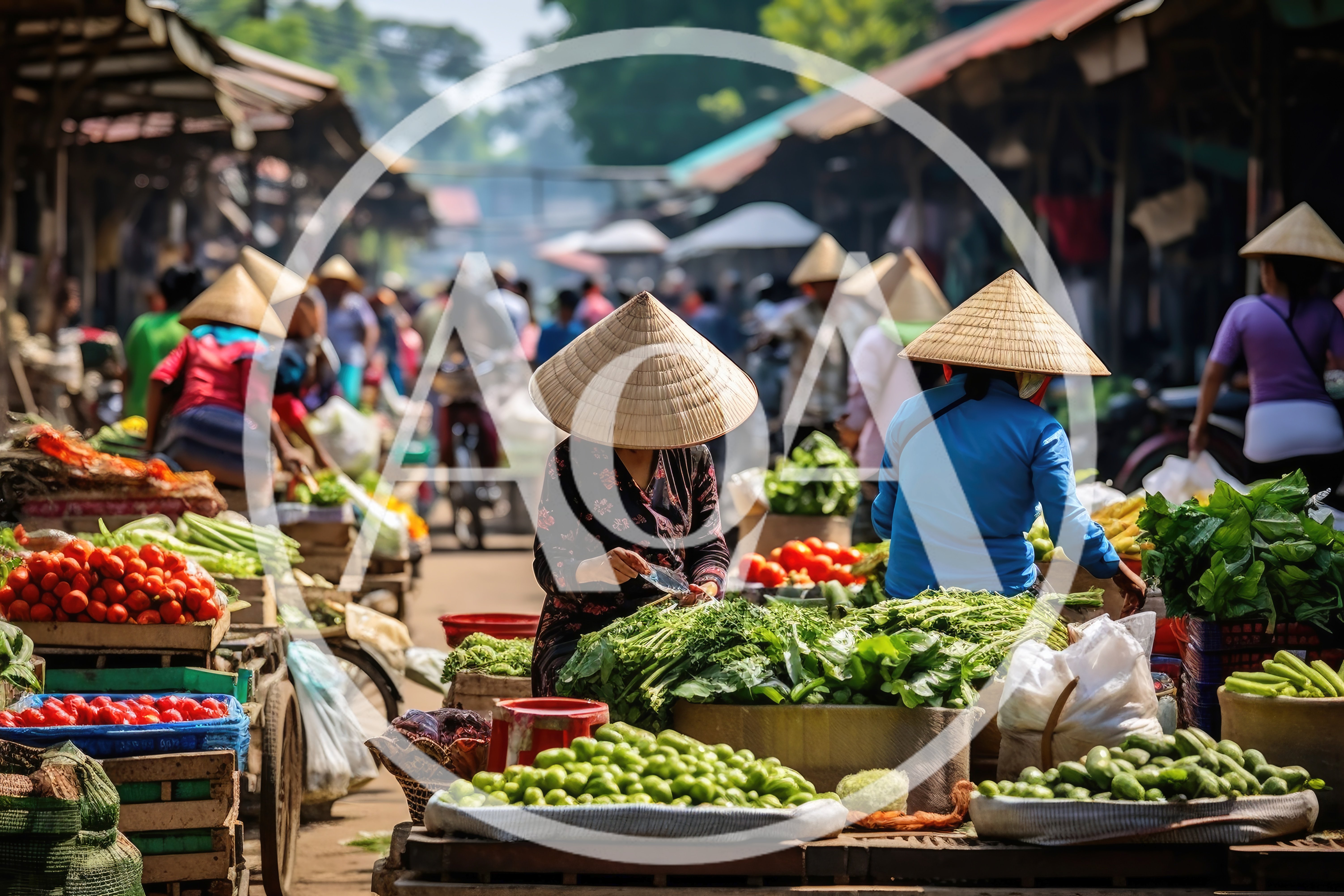 Vietnamese Women Selling Fresh Produce At Outdoor Market