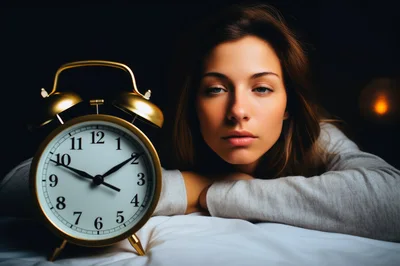 Tired Woman Looking At Alarm Clock In Bed