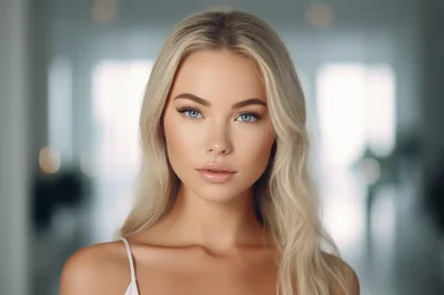 Portrait Of A Beautiful Blonde Woman With Blue Eyes