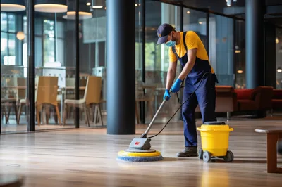 Professional Cleaner Using Floor Polishing Machine In Office