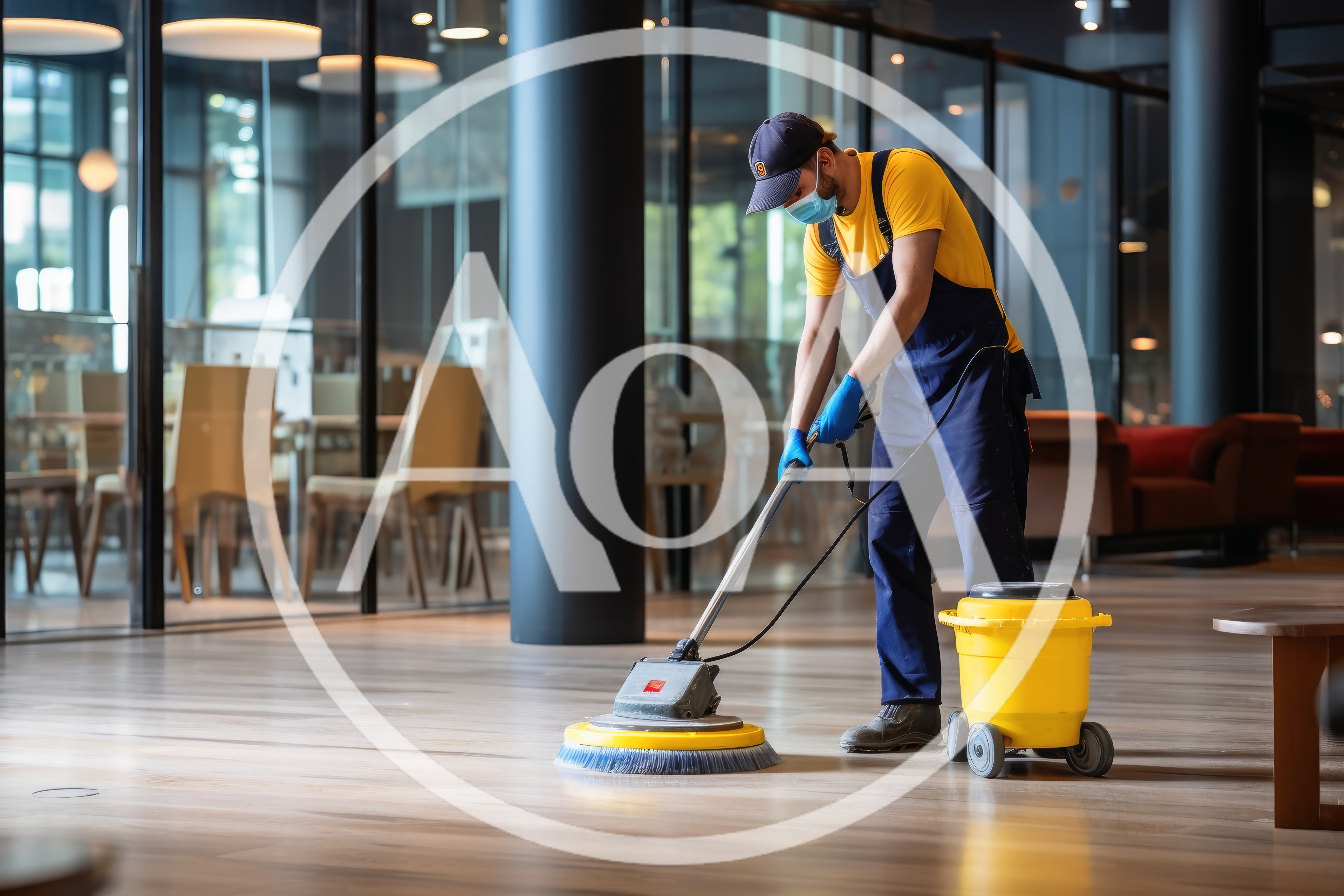 Professional Cleaner Using Floor Polishing Machine In Office