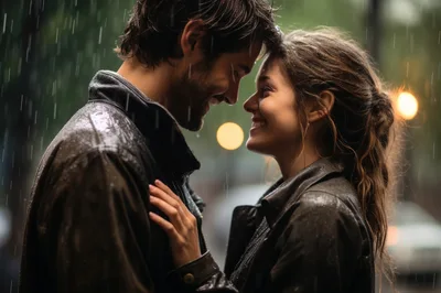 Romantic Couple Sharing An Intimate Moment In The Rain