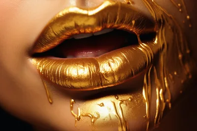 Close Up Of Lips Covered In Dripping Gold Paint