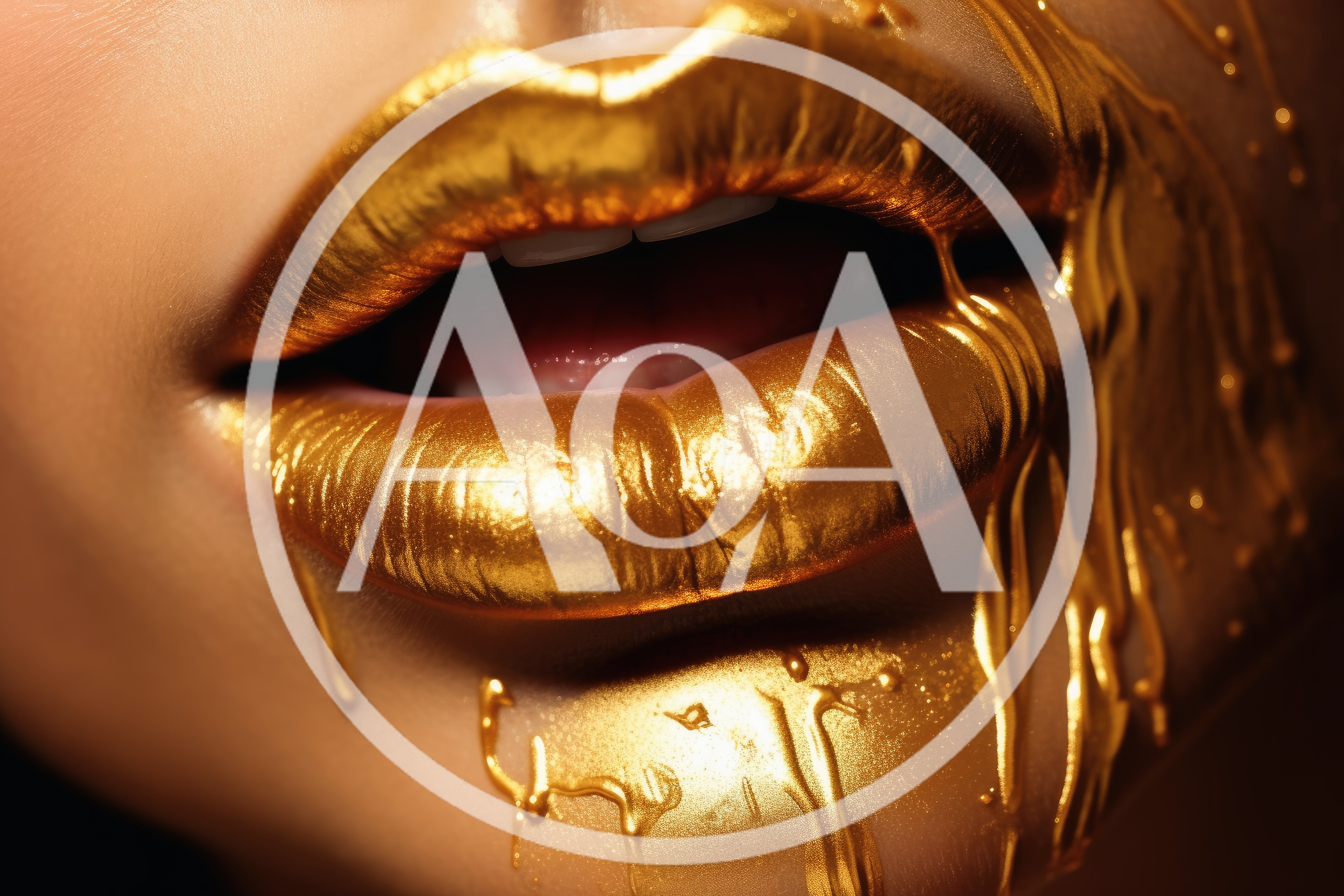 Close Up Of Lips Covered In Dripping Gold Paint
