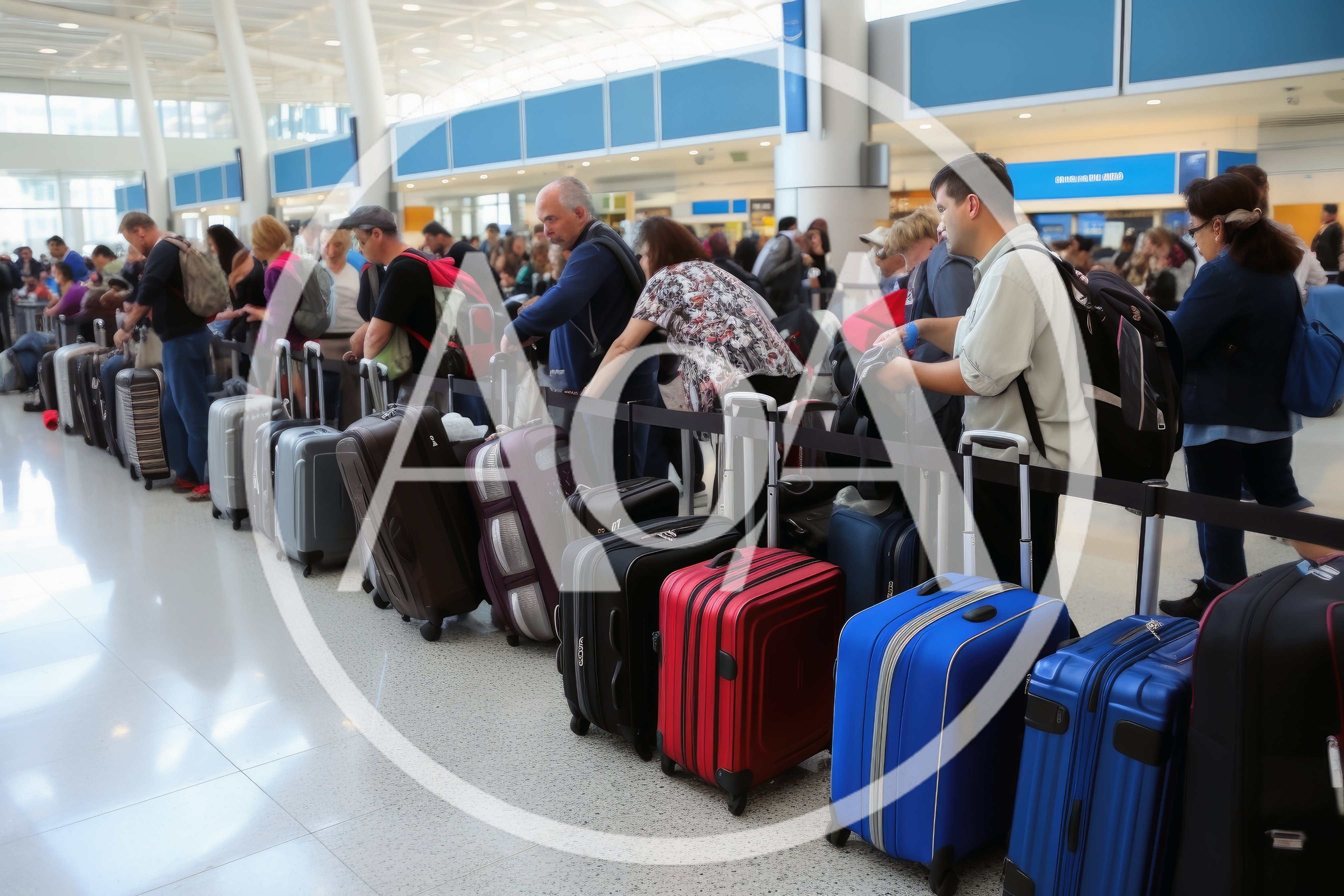 Travelers Waiting In Airport Check In Line