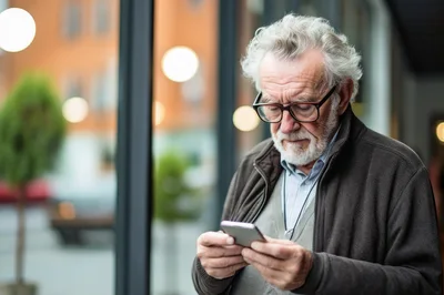 Senior Man Using Smartphone Near Window