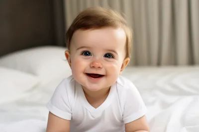 Happy Baby Smiling On A White Bed