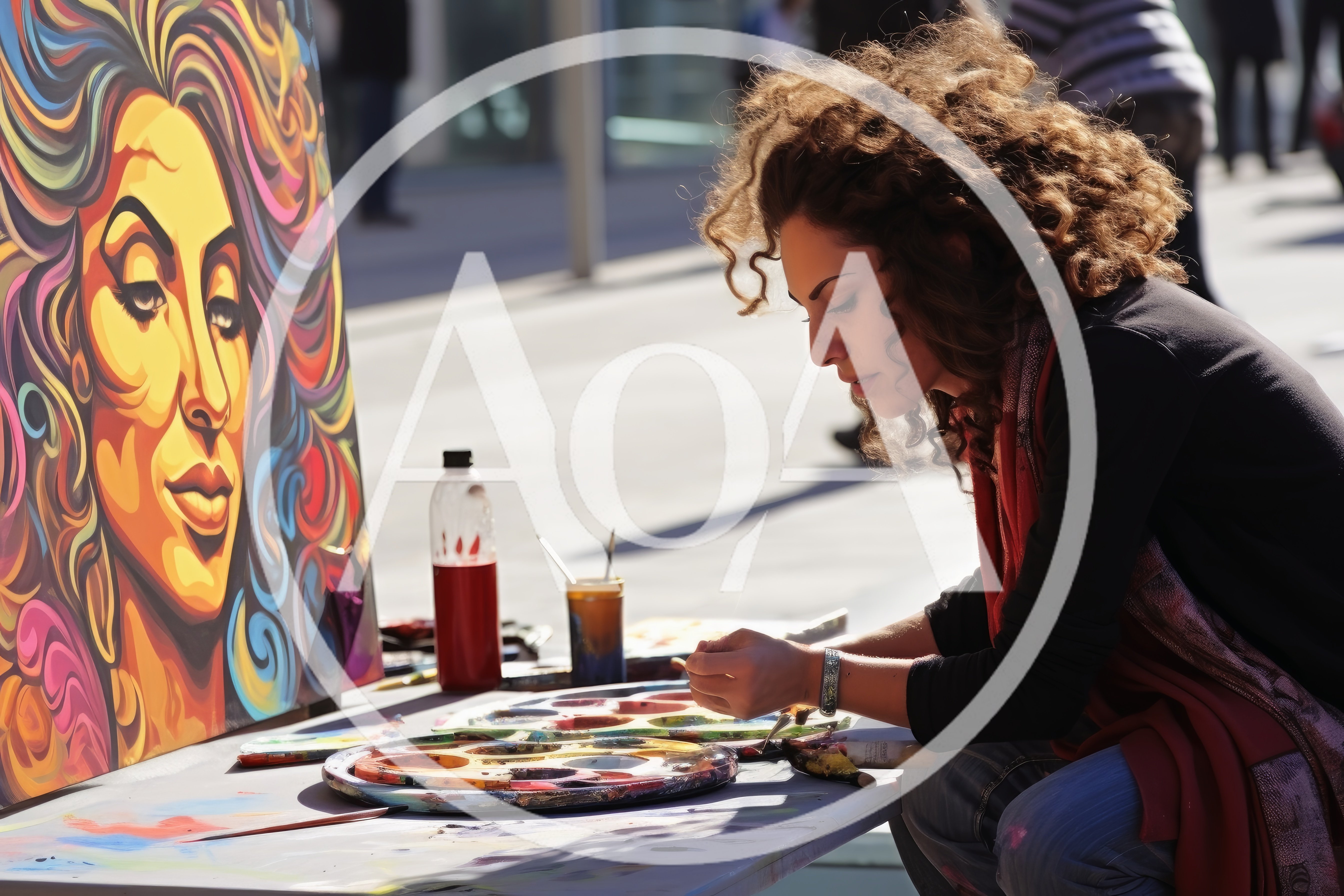 Female Artist Painting A Colorful Portrait Outdoors