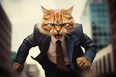 Angry Business Cat Running Through City Street