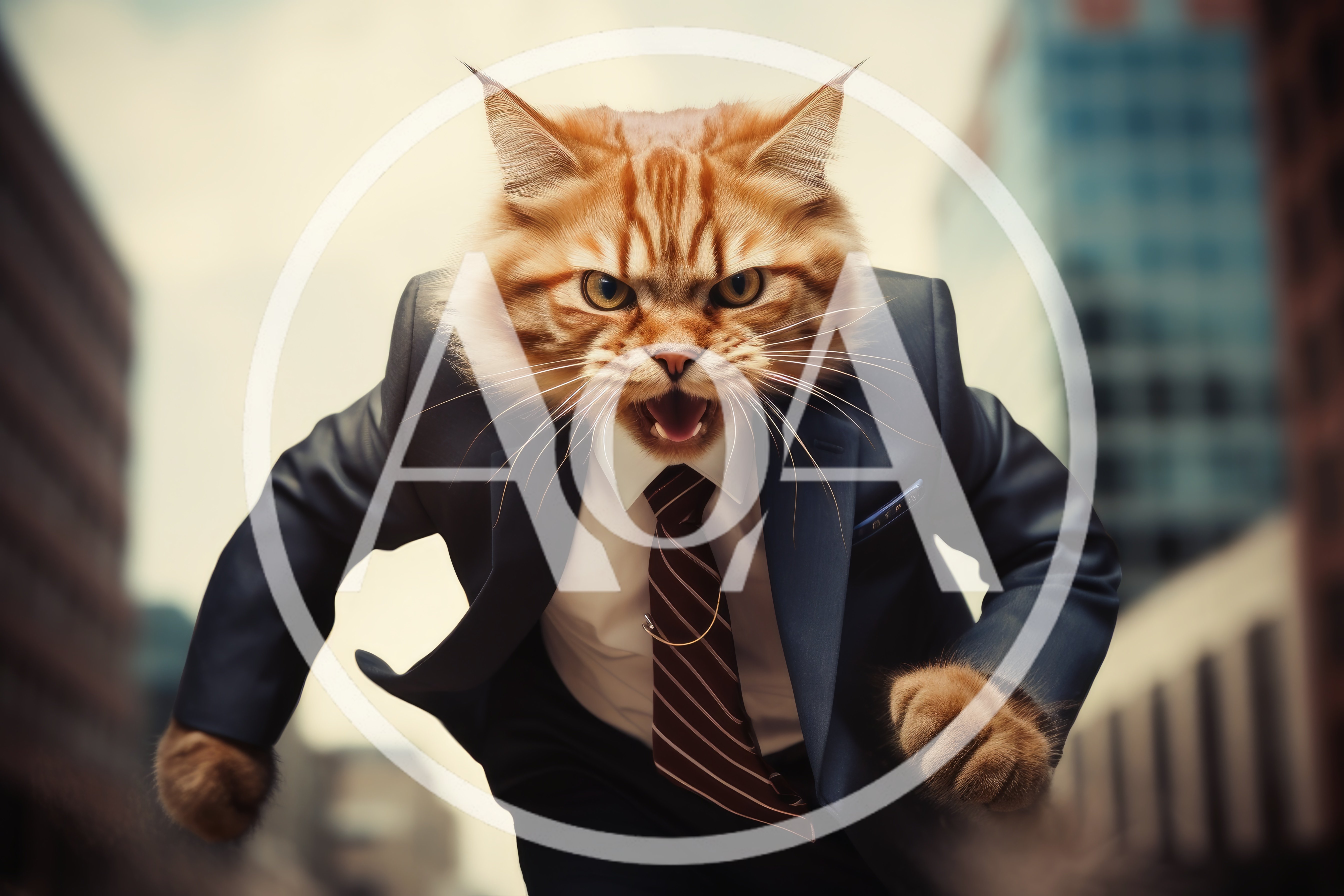 Angry Business Cat Running Through City Street