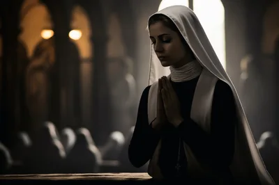 Young Nun Praying In A Dimly Lit Church