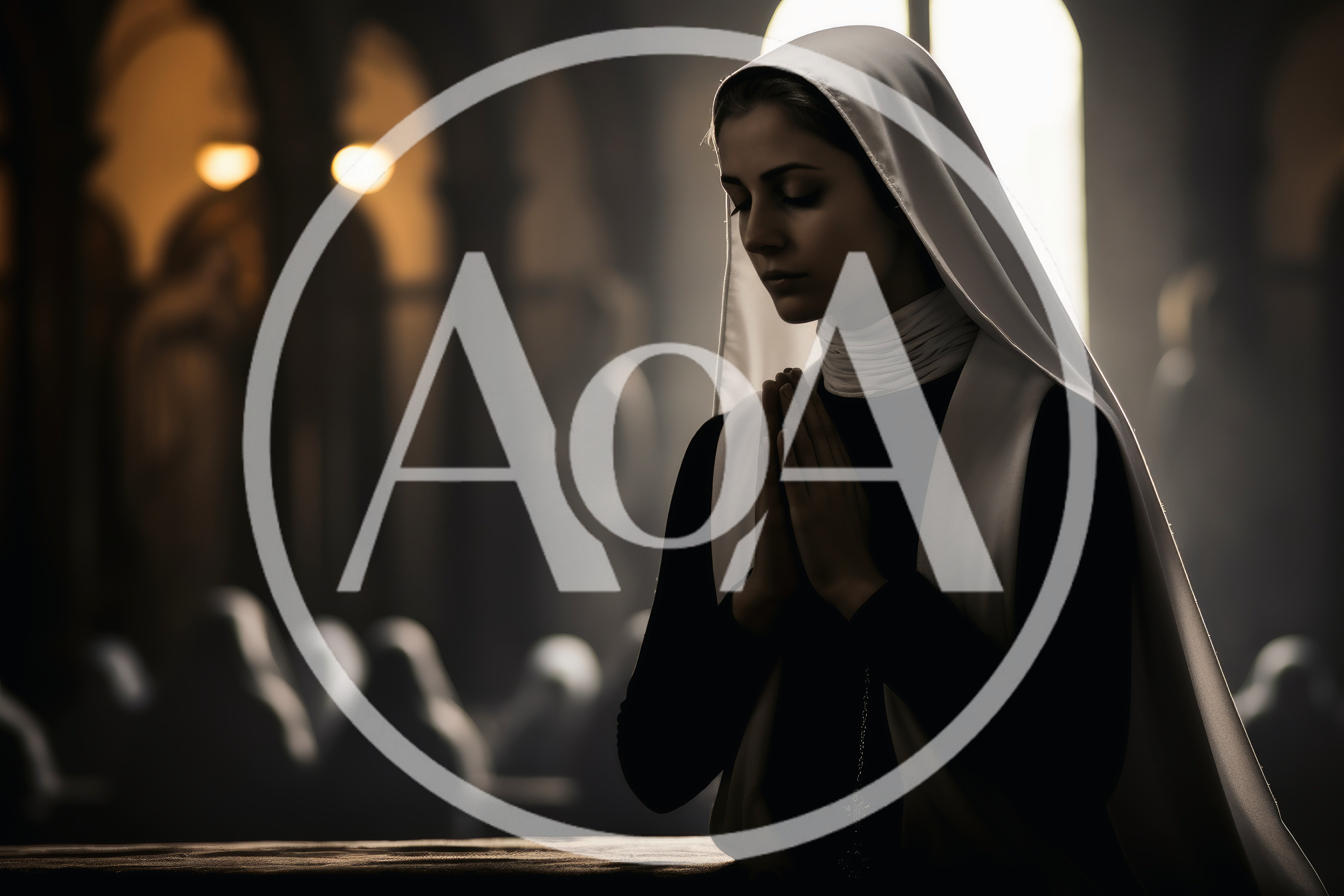 Young Nun Praying In A Dimly Lit Church
