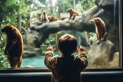 Toddler Watching Bears Through Zoo Enclosure Glass