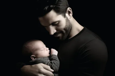 Father Holding His Newborn Baby In Studio Portrait