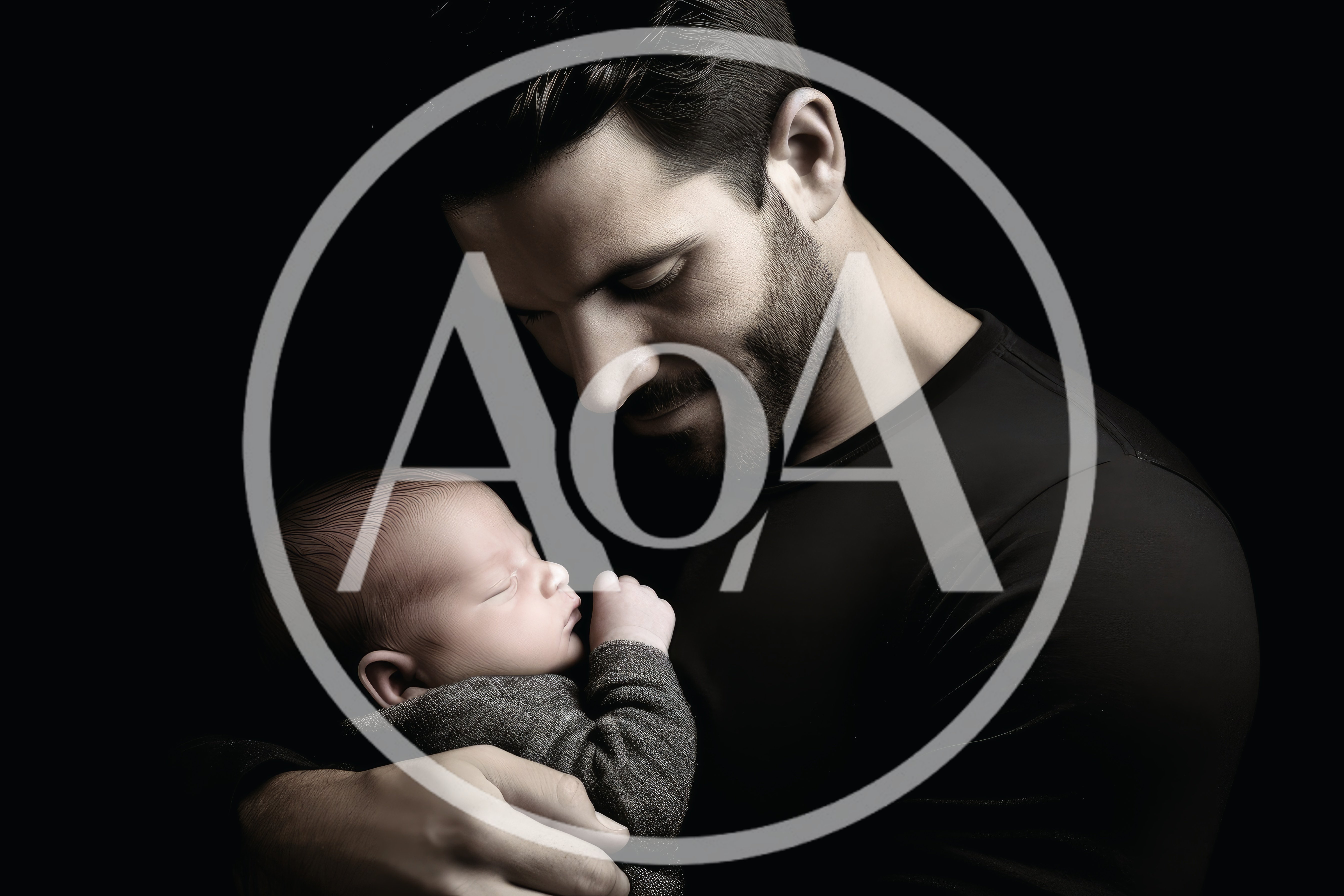 Father Holding His Newborn Baby In Studio Portrait