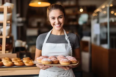Smiling Baker Holding A Tray Of Fresh Donuts