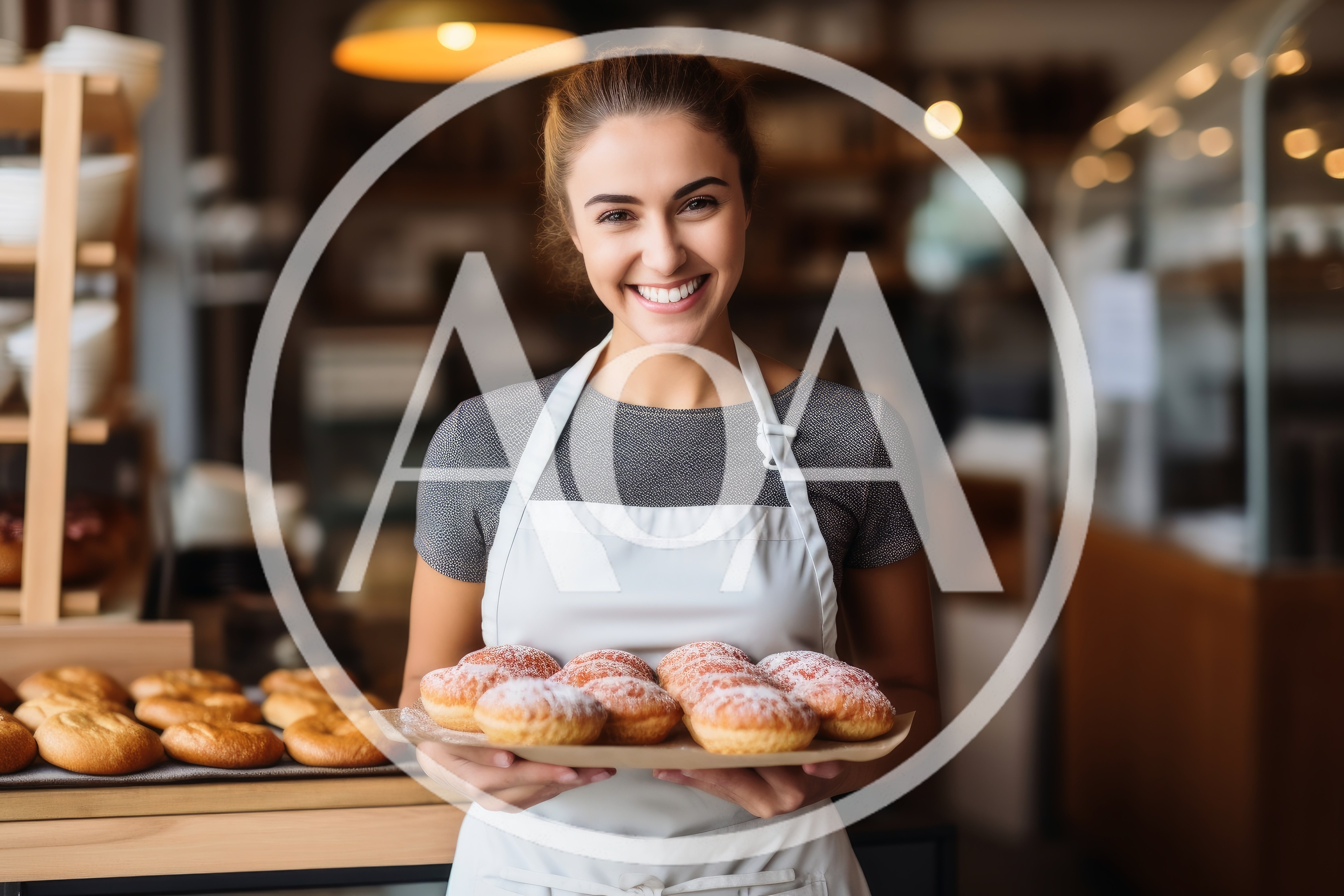 Smiling Baker Holding A Tray Of Fresh Donuts