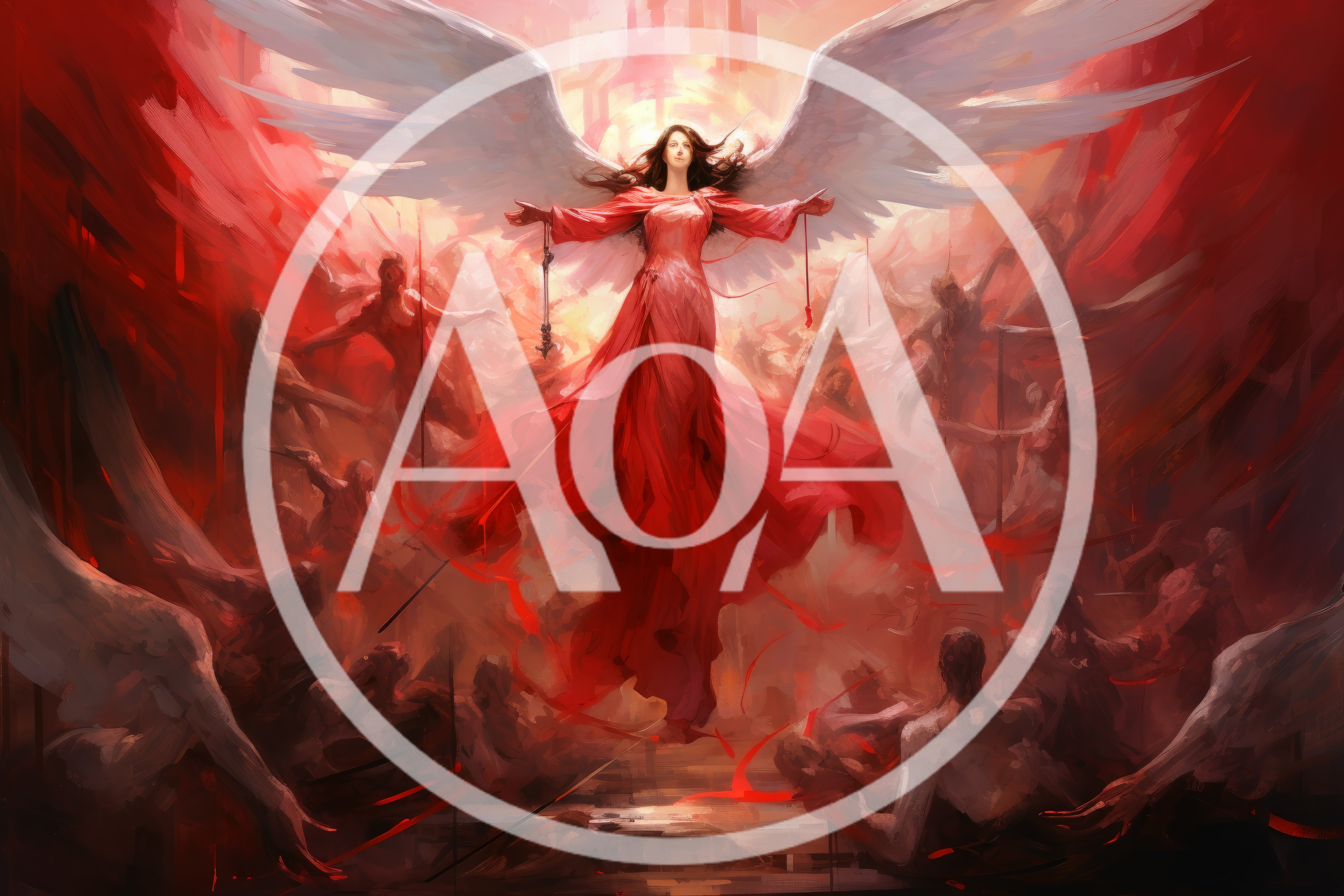 Ethereal Angel In Red Gown Floating Above Souls
