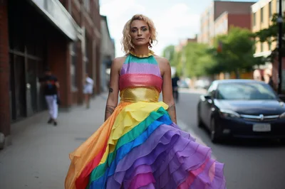 Person Wearing Rainbow Ruffled Dress On City Street
