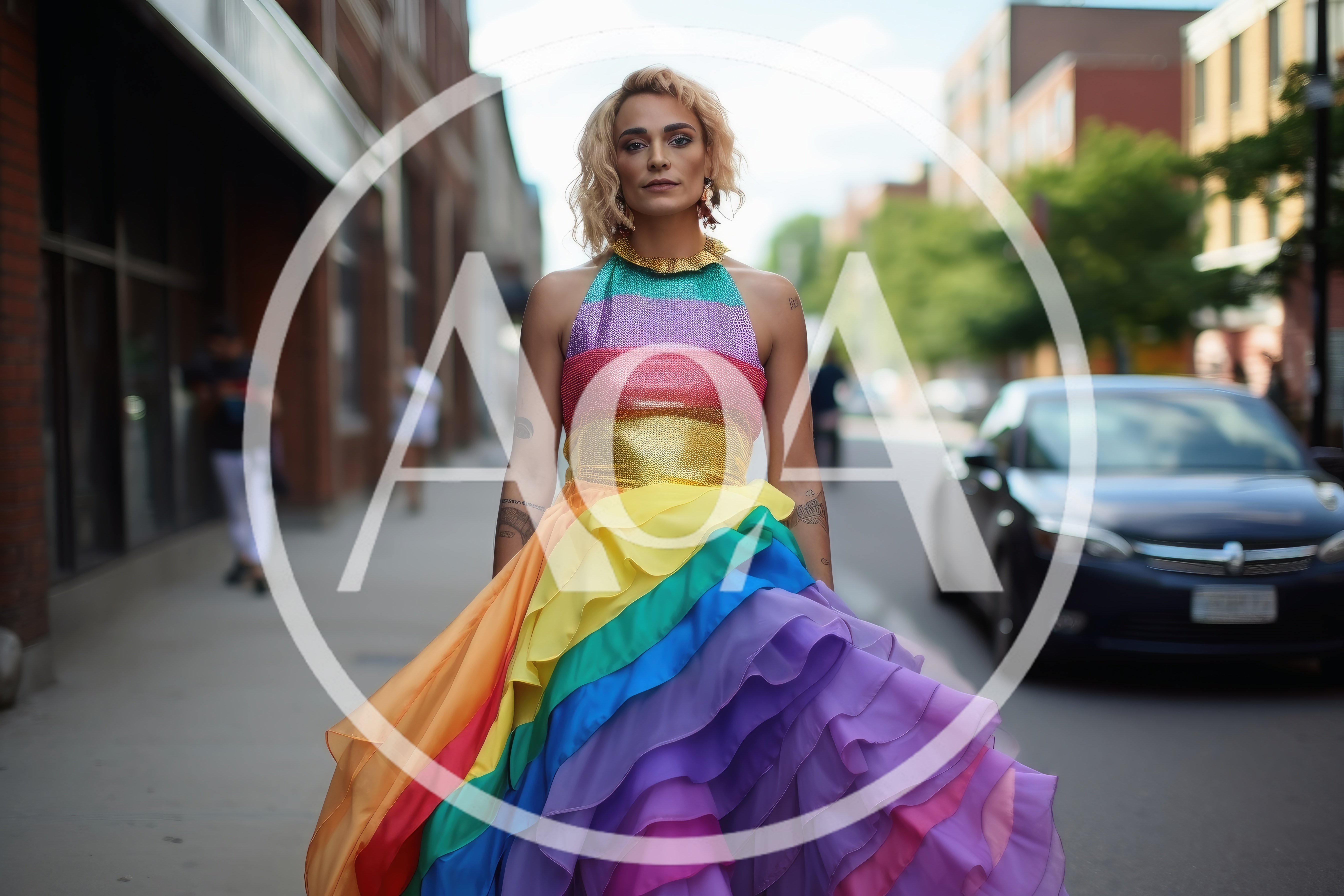 Person Wearing Rainbow Ruffled Dress On City Street