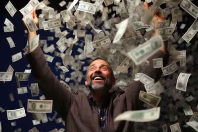 Excited Middle Aged Man Celebrating Under Falling Money