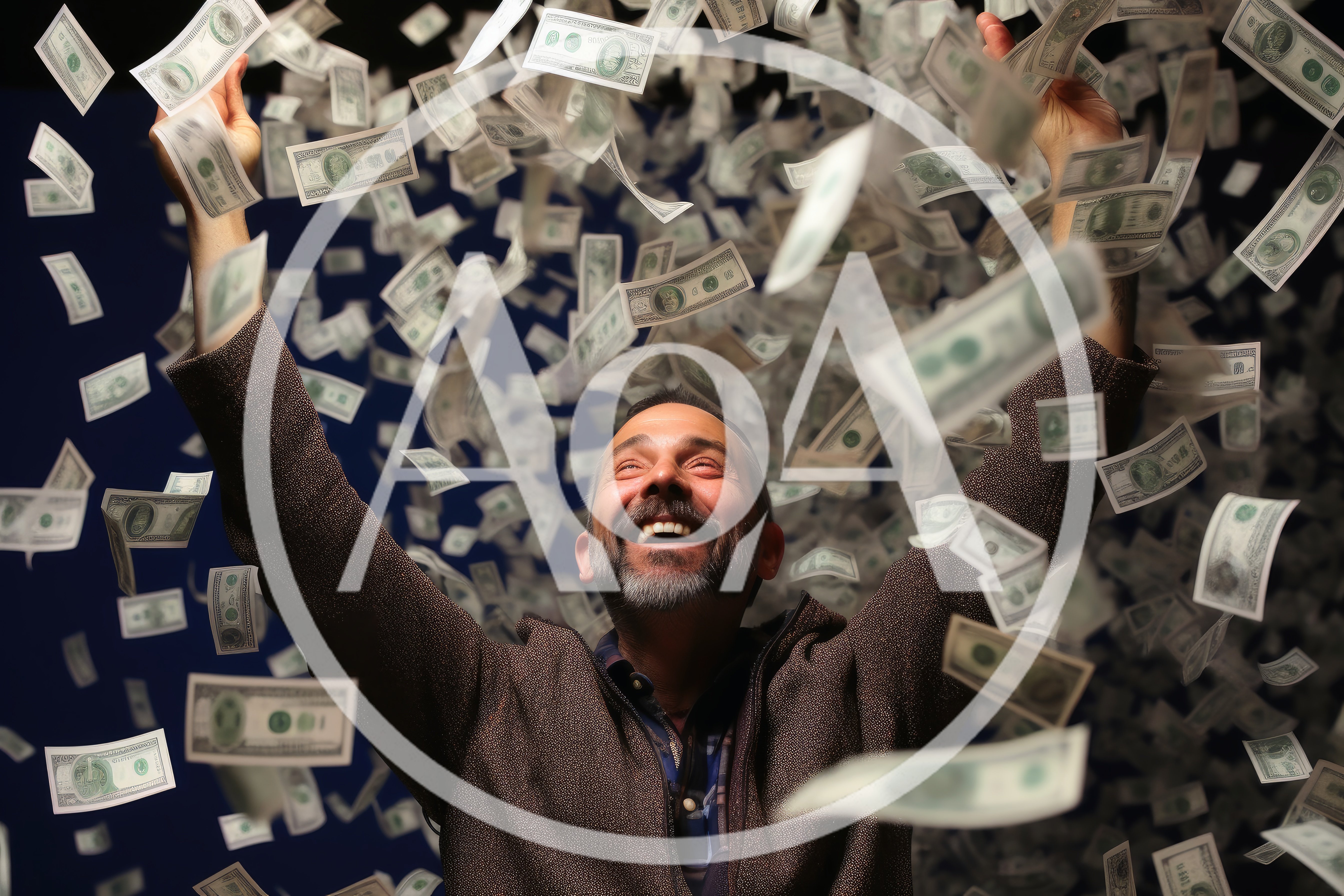 Excited Middle Aged Man Celebrating Under Falling Money